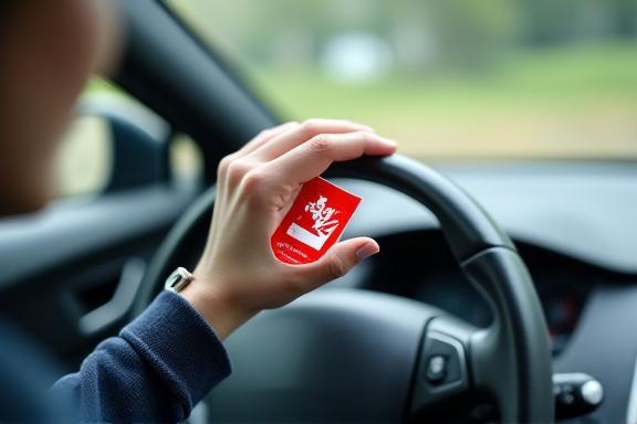 A hand carefully applying the Swiss vignette sticker to the upper-left inside corner of a car's windshield.