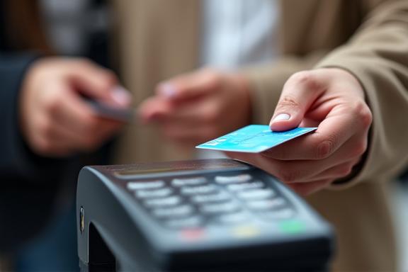 A close-up of a hand offering a credit card at a payment terminal, symbolizing the purchase of a vignette.