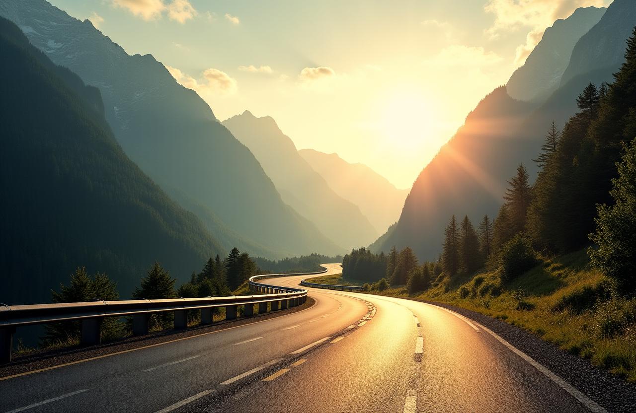 A scenic Swiss highway winding through mountains, bathed in warm sunlight.