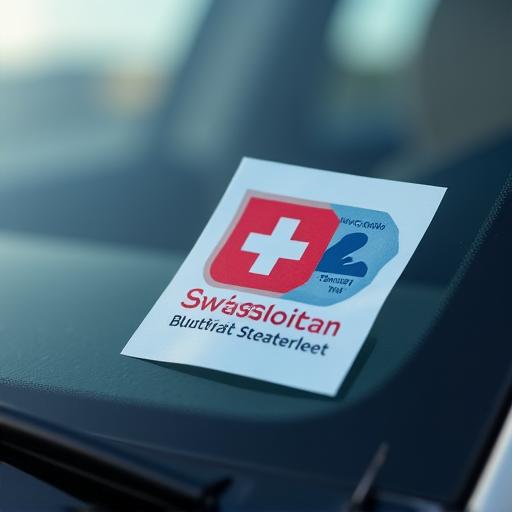 The traditional physical Swiss vignette sticker adhered to a car windshield from the inside.